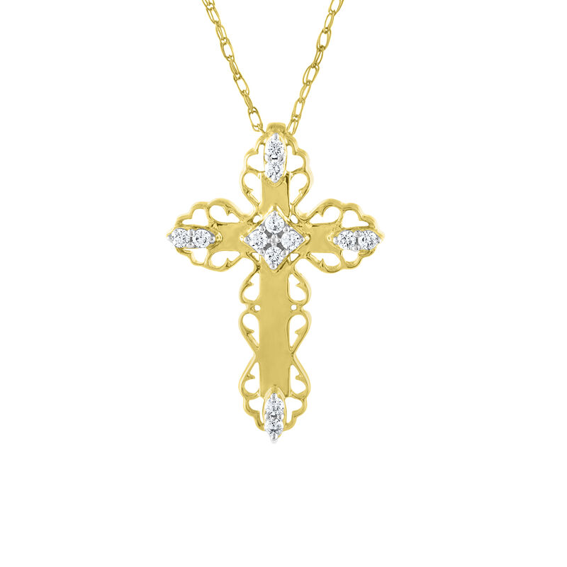 Ladies Diamond Cluster Cross Pendant in 10k Yellow Gold image number null