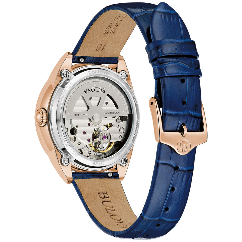 Bulova Ladies' Sutton Automatic White Mother of Pearl Dial Blue Leather Strap Rose Gold-Tone 34mm Watch 97L180 image number null