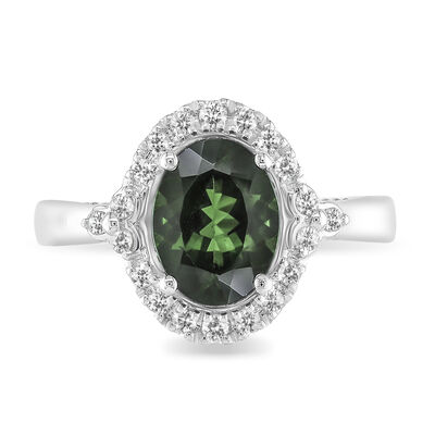 JK Crown® Oval Green Chrome Diopside & Diamond Halo Ring in 10k White Gold
