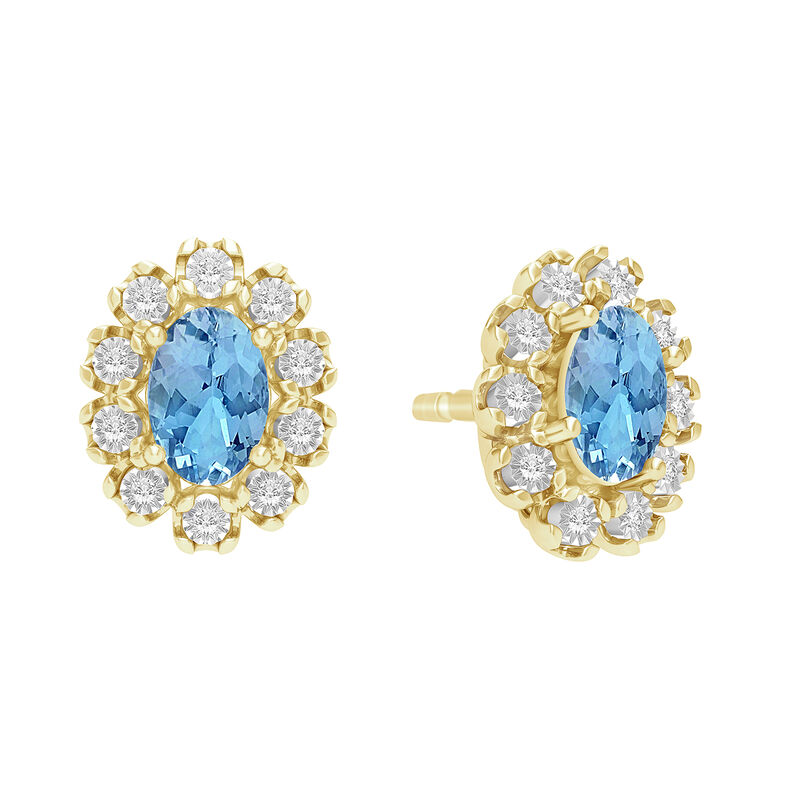 Oval-Cut Aquamarine & Diamond Halo Earrings in 10k Yellow Gold image number null