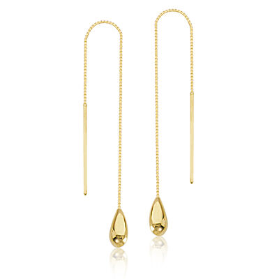 Tear Drop Box Chain Threaded Dangle Earrings in 14k Yellow Gold