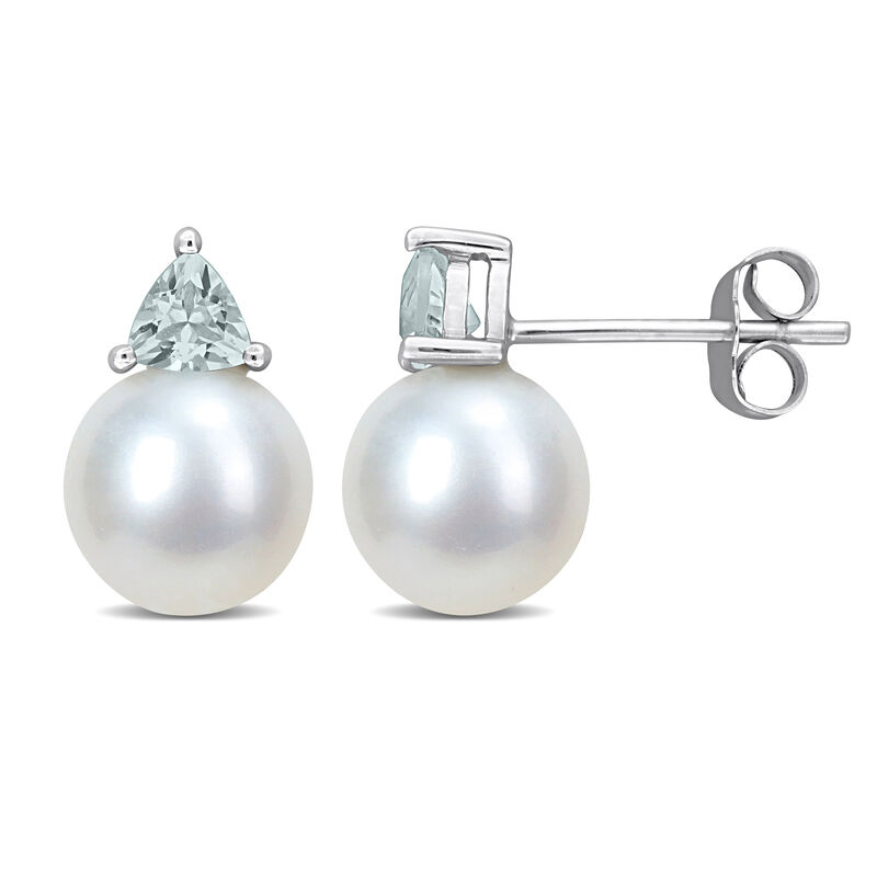 Aquamarine & Freshwater Cultured Pearl Stud Earrings in 10k White Gold image number null