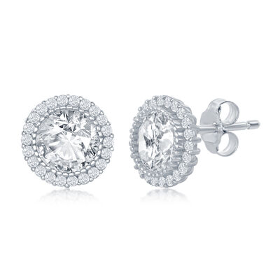 Cubic Zirconia Halo Stud Earrings in Sterling Silver