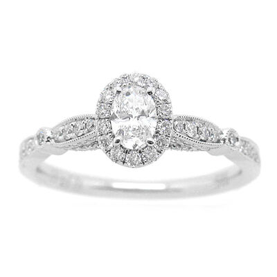 Avery. Oval 5/8ctw. Diamond Vintage-Inspired Halo Engagement Ring in 14k White Gold