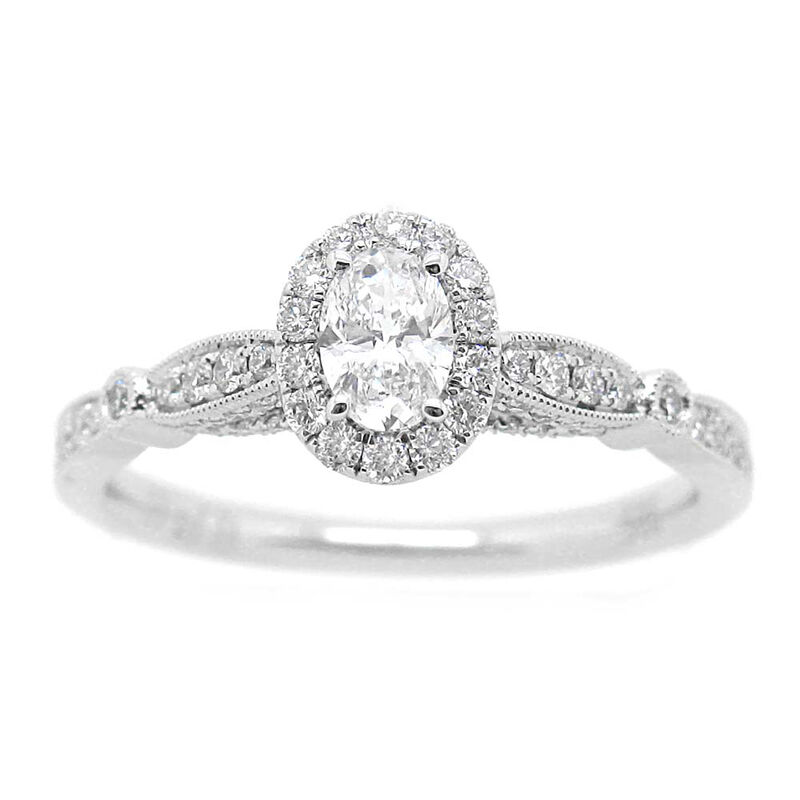 Avery. Oval 5/8ctw. Diamond Vintage-Inspired Halo Engagement Ring in 14k White Gold image number null