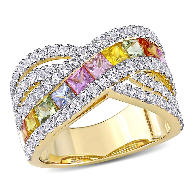 Rainbow Created Sapphire & Diamond Princess Cut Ring in 14k Yellow Gold image number null