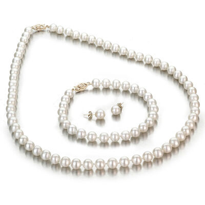 Freshwater Pearl Necklace, Bracelet & Earrings Jewelry Set with 14k Yellow Gold Clasps