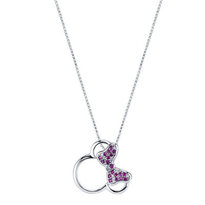 DISNEY© Diamond Synthetic Ruby Minnie Mouse Necklace 18" in Sterling Silver
