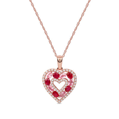 Ruby, Pink Sapphire & Diamond Heart Pendant in 10k Rose Gold