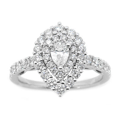 Sutton. Pear-Shaped 1ctw. Diamond Double Halo Engagement Ring in 14k White Gold 