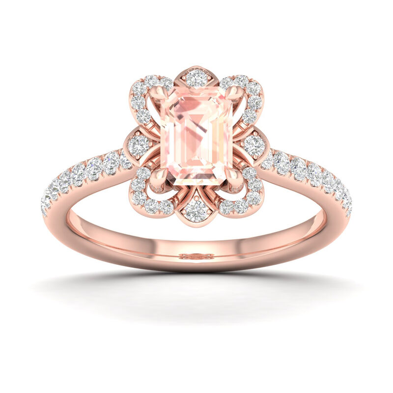 Emerald-Cut Morganite Flower Halo Ring in 10k Rose Gold image number null