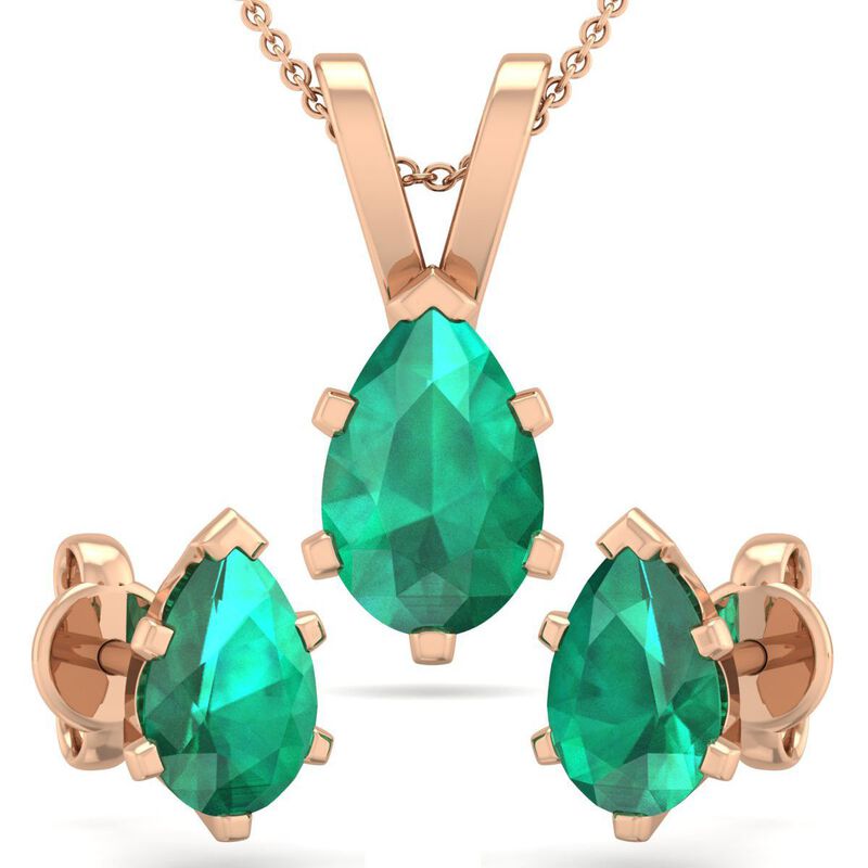 Pear Emerald Necklace & Earring Jewelry Set in 14k Rose Gold Plated Sterling Silver image number null