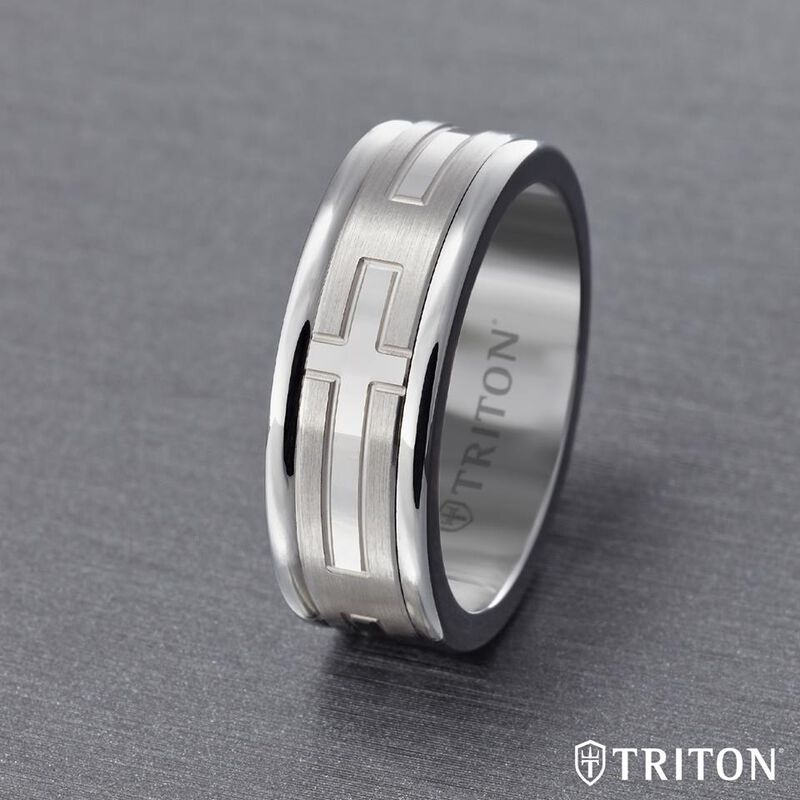 Triton Men's 8mm Cross Center White Tungsten Carbide & 14k White Gold Band image number null