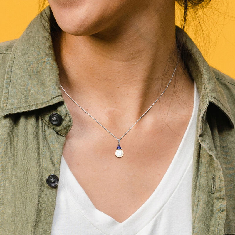 Created Blue Sapphire & Freshwater Cultured Pearl Necklace in 10k White Gold image number null