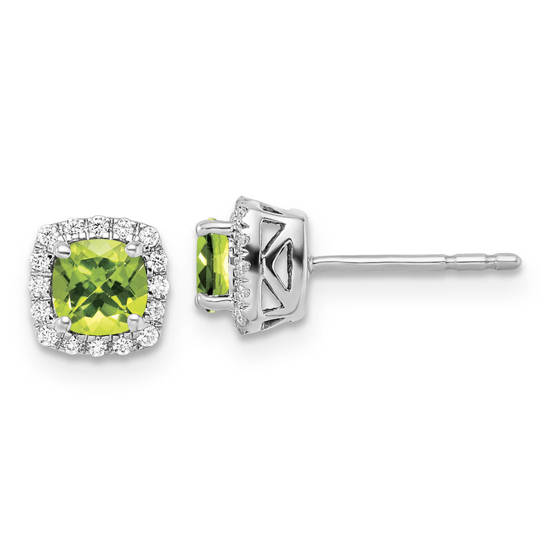 Cushion-Cut Peridot & Diamond Halo Stud Earrings in Sterling Silver image number null