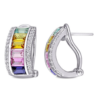Rainbow Created Sapphire Baguette Fashion Earrings in Sterling Silver 