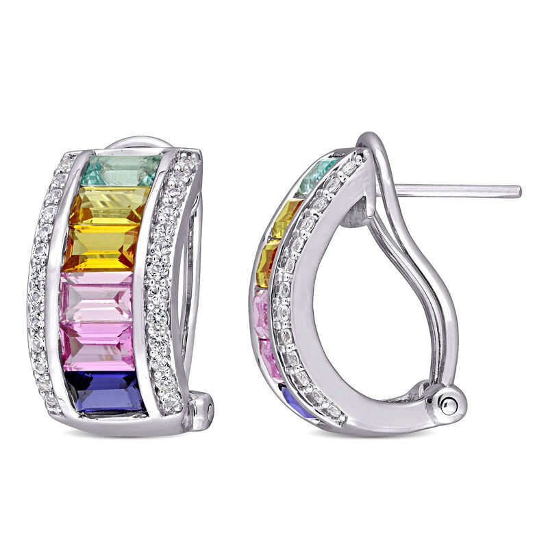 Rainbow Created Sapphire Baguette Fashion Earrings in Sterling Silver  image number null