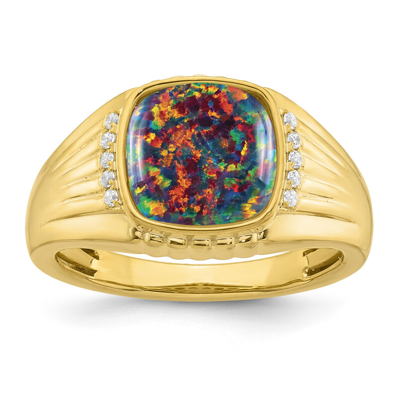 Men's Cushion-Cut Created Black Opal & Diamond Ring in 10k Yellow Gold image number null