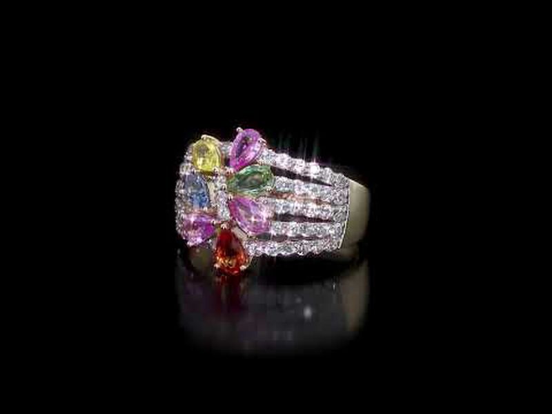 Rainbow Created Sapphire & Diamond Fashion Ring in 14k Yellow Gold image number null