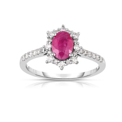 Oval-Cut Ruby Diamond Royal Collection Ring in 10k White Gold