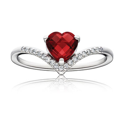Heart-Shaped Created Ruby & Diamond Chevron Ring in Sterling Silver