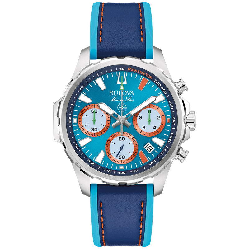 Bulova Men's Marine Star Chronograph Blue Dial With Orange Accents Stainless Steel Blue Leather Strap 43mm Watch 96B460 image number null