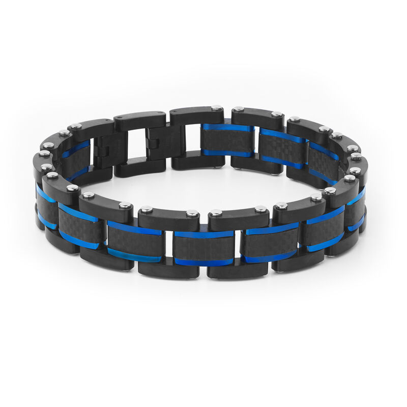 Carbon Fiber Link Bracelet in Black and Blue Plated Sterling Silver image number null