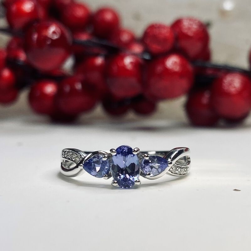 Oval Three-Stone Plus Tanzanite & Diamond Ring in 10k White Gold image number null