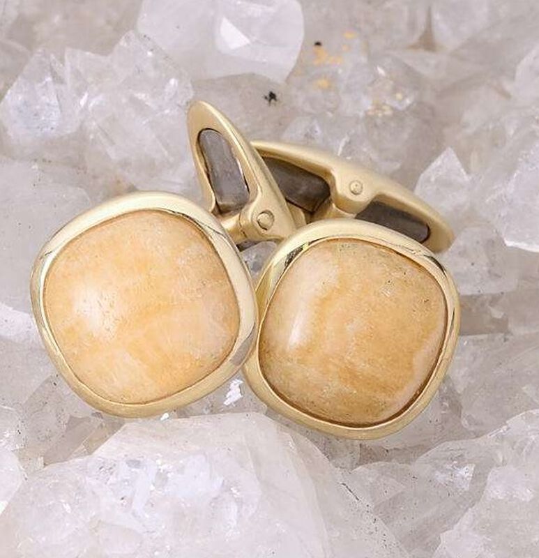 Yellow Lace Agate Stone Cufflinks in Sterling Silver & 14k Yellow Gold Plating image number null
