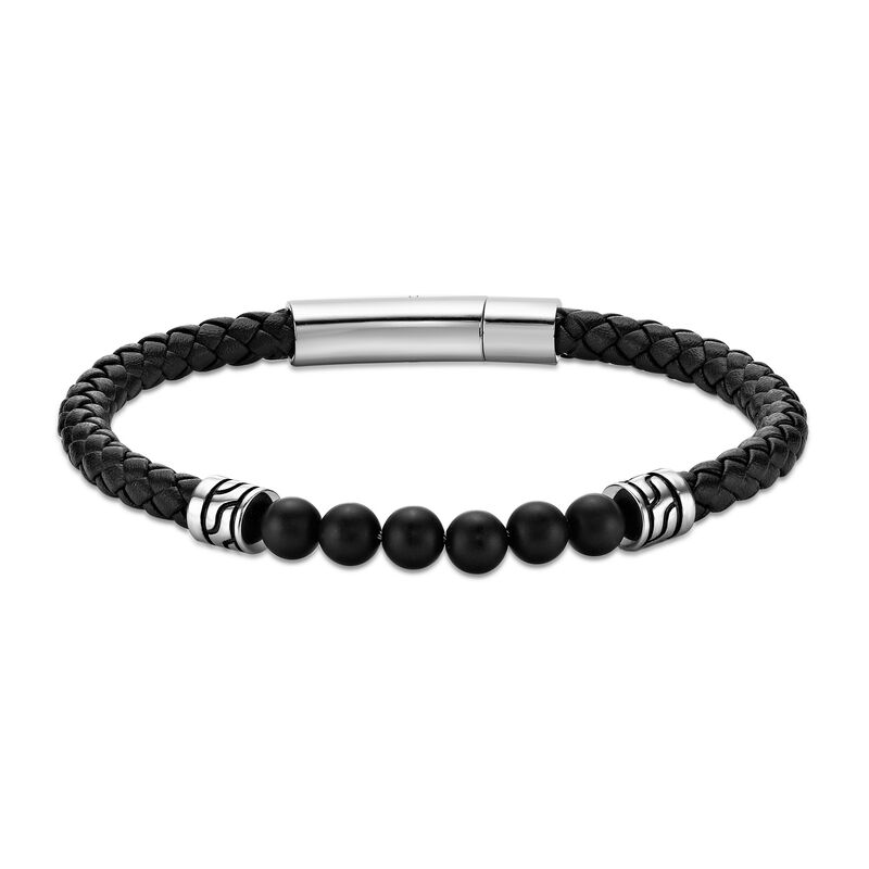 Black Agate & Leather Bracelet in Stainless Steel image number null