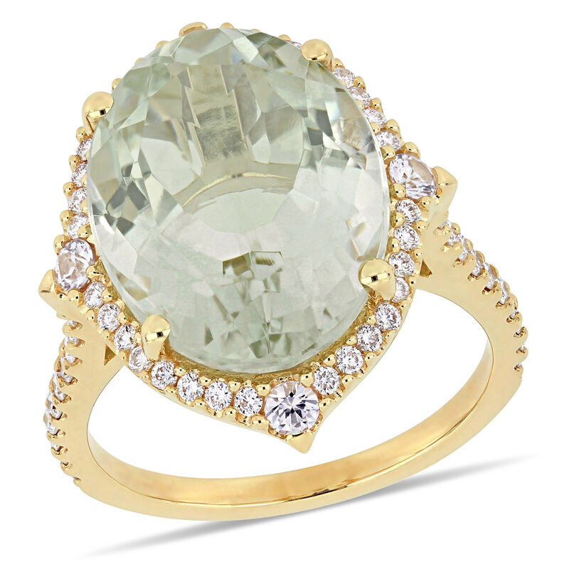 Oval Green Amethyst, White Sapphire & Diamond Halo Cocktail Ring in 14k White Gold image number null