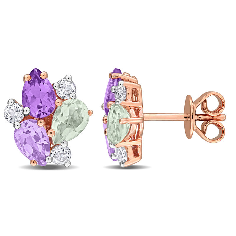 Green Quartz, Rose de France Amethyst & White Topaz Cluster Stud Earrings in Rose Plated image number null