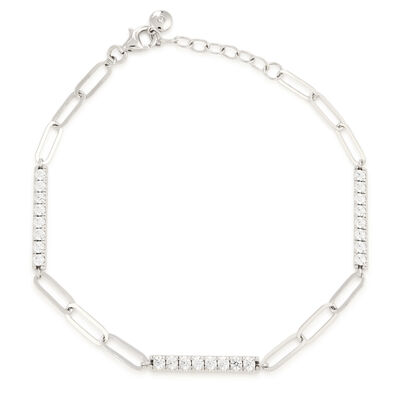 7.5" Paper Clip and Cubic Zirconia Station Bar Bracelet in Sterling Silver Rhodium Plate