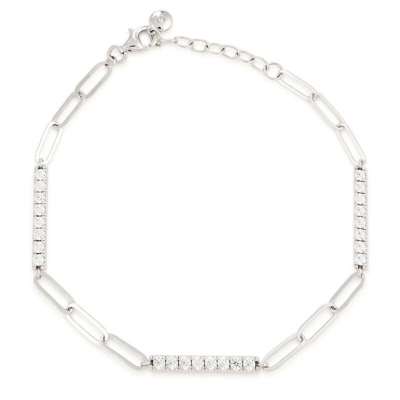 7.5" Paper Clip and Cubic Zirconia Station Bar Bracelet in Sterling Silver Rhodium Plate image number null