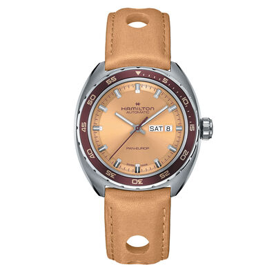 Hamilton Men's Pan Europ Automatic Beige Dial With Burg Bezel Stainless Steel Leather & Nato Strap 42mm Watch H35435820