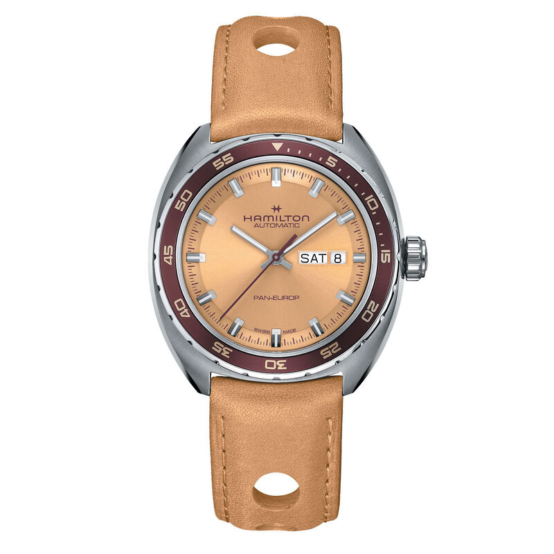 Hamilton Men's Pan Europ Automatic Beige Dial With Burg Bezel Stainless Steel Leather & Nato Strap 42mm Watch H35435820 image number null