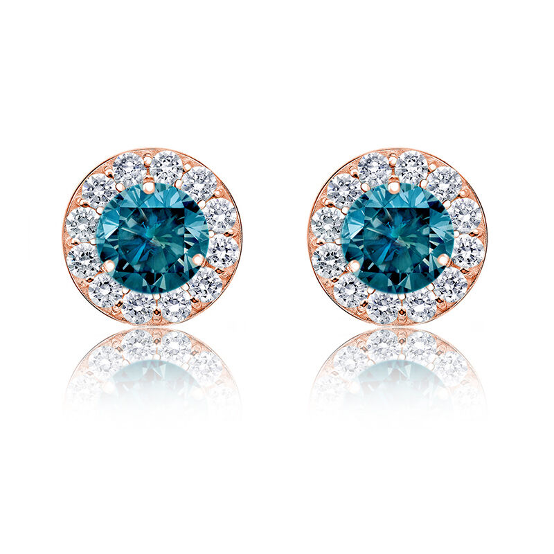 Blue & White Diamond 1½ct. Halo Stud Earrings in 14k Rose Gold image number null
