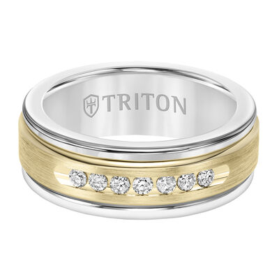 Triton Men's 8mm White Tungsten Carbide and Diamond Wedding Band with 14k Yellow Gold Center