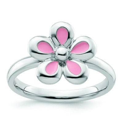 Stackable Pink Enamel Flower Ring in Sterling Silver