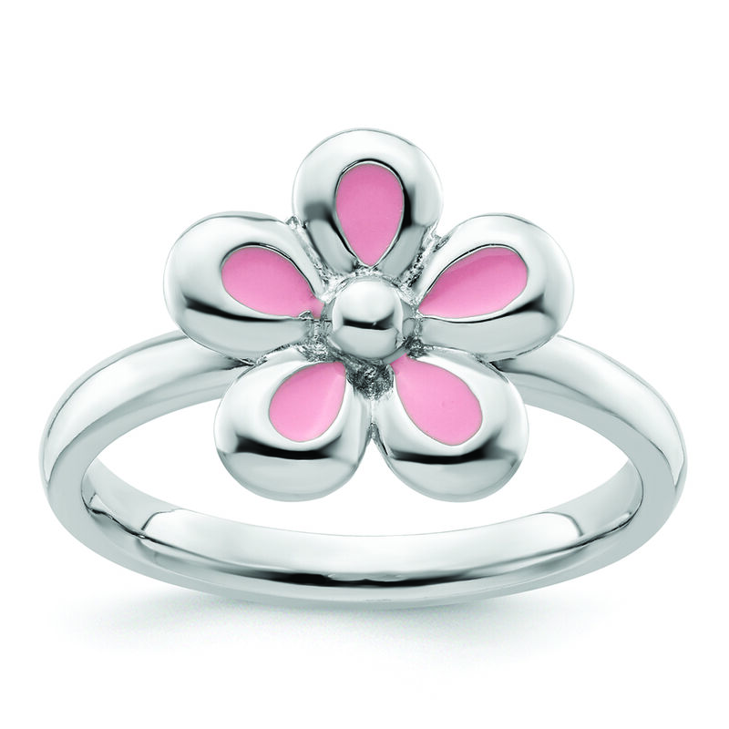 Stackable Pink Enamel Flower Ring in Sterling Silver image number null