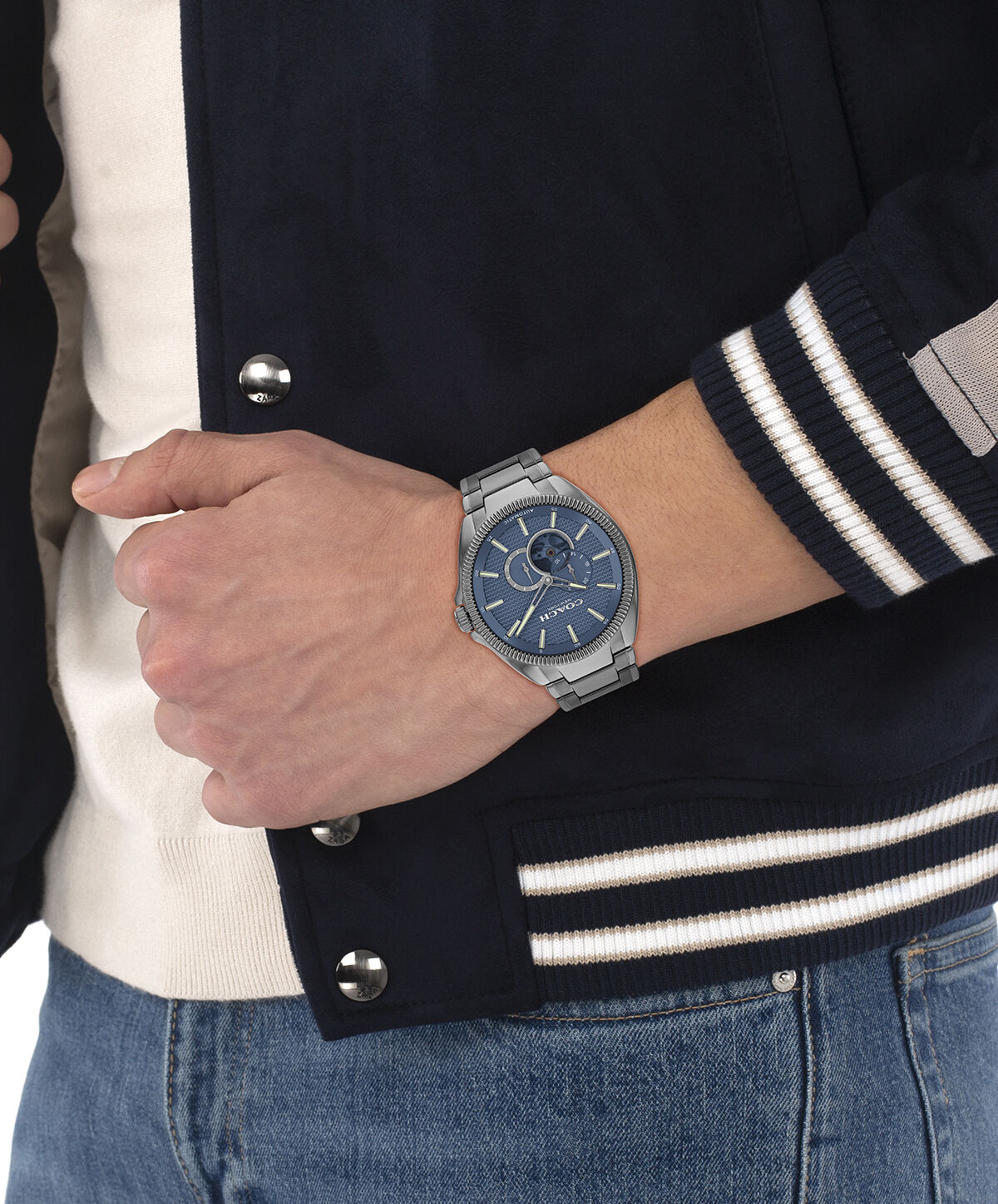 COACH Men's Jackson Grey IP Blue Textured Dial With Open Heart