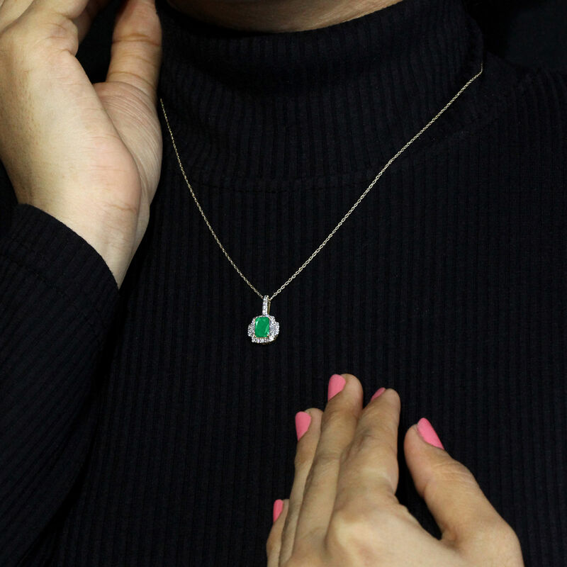 Emerald-Cut Emerald &  Diamond Halo Drop Pendant in 10k Yellow Gold image number null