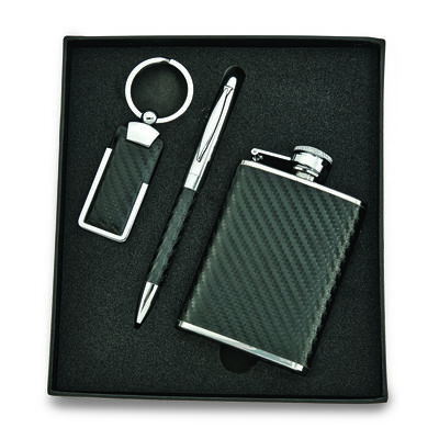 Faux Leather Key Ring, Pen and Flask Gift Set
