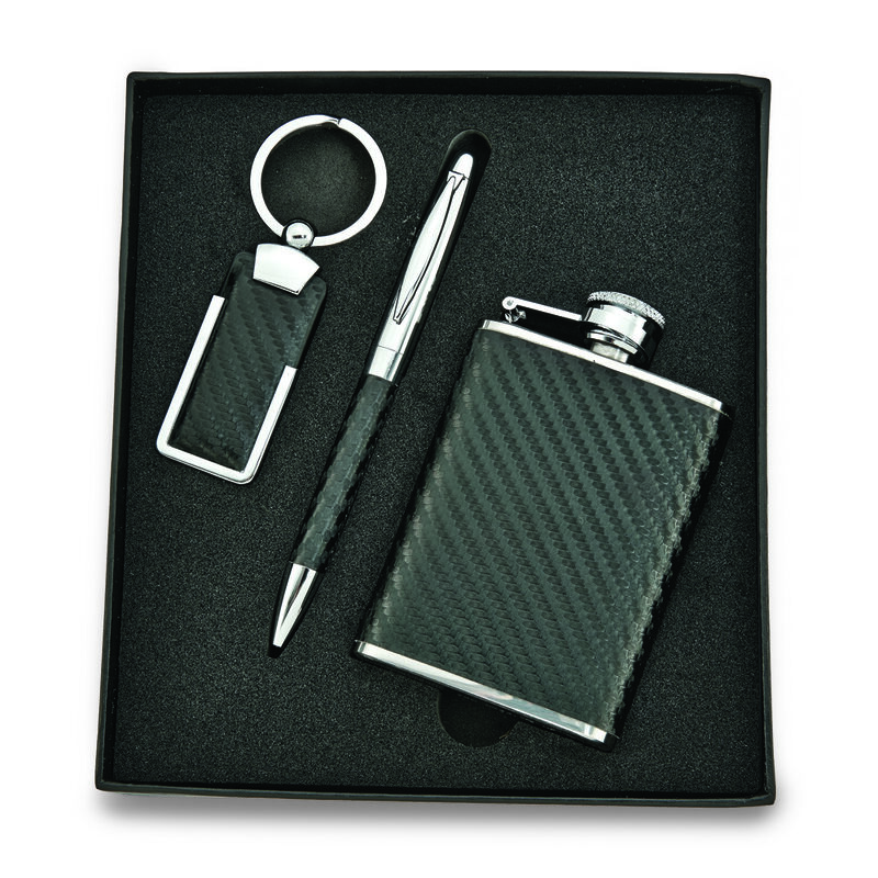 Faux Leather Key Ring, Pen and Flask Gift Set image number null