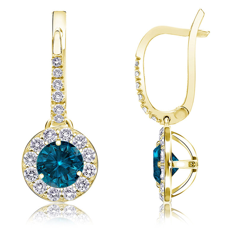 Drop 2ct. Blue Diamond Halo Earrings in 14k Yellow Gold image number null