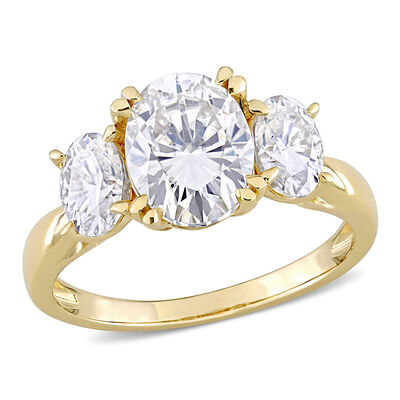 Oval Cut Created White Moissanite 3-Stone Ring in 10k Yellow Gold