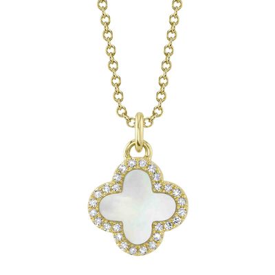 Diamond Mother of Pearl Clover Pendant in 14k Yellow Gold