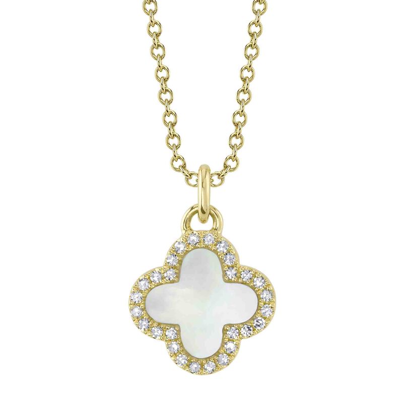 Diamond Mother of Pearl Clover Pendant in 14k Yellow Gold image number null