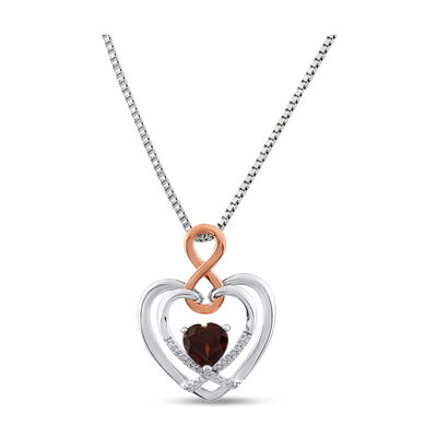 Garnet & Diamond Double Heart & Infinity Pendant in 10k Rose & White Gold