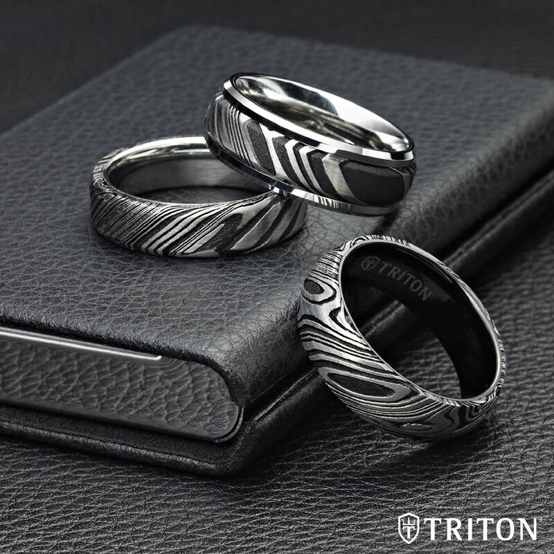 Triton Men's 8mm Black Tungsten Carbide & Damascus Steel Wedding Band image number null